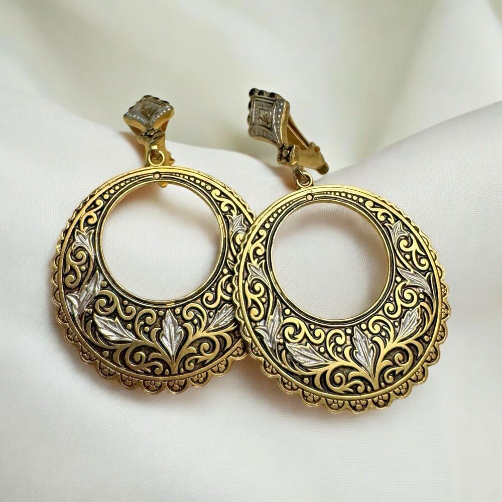 Vintage Damascene Hoop Earrings Gold & Silver Tone Etched 2 Inch Clip On
